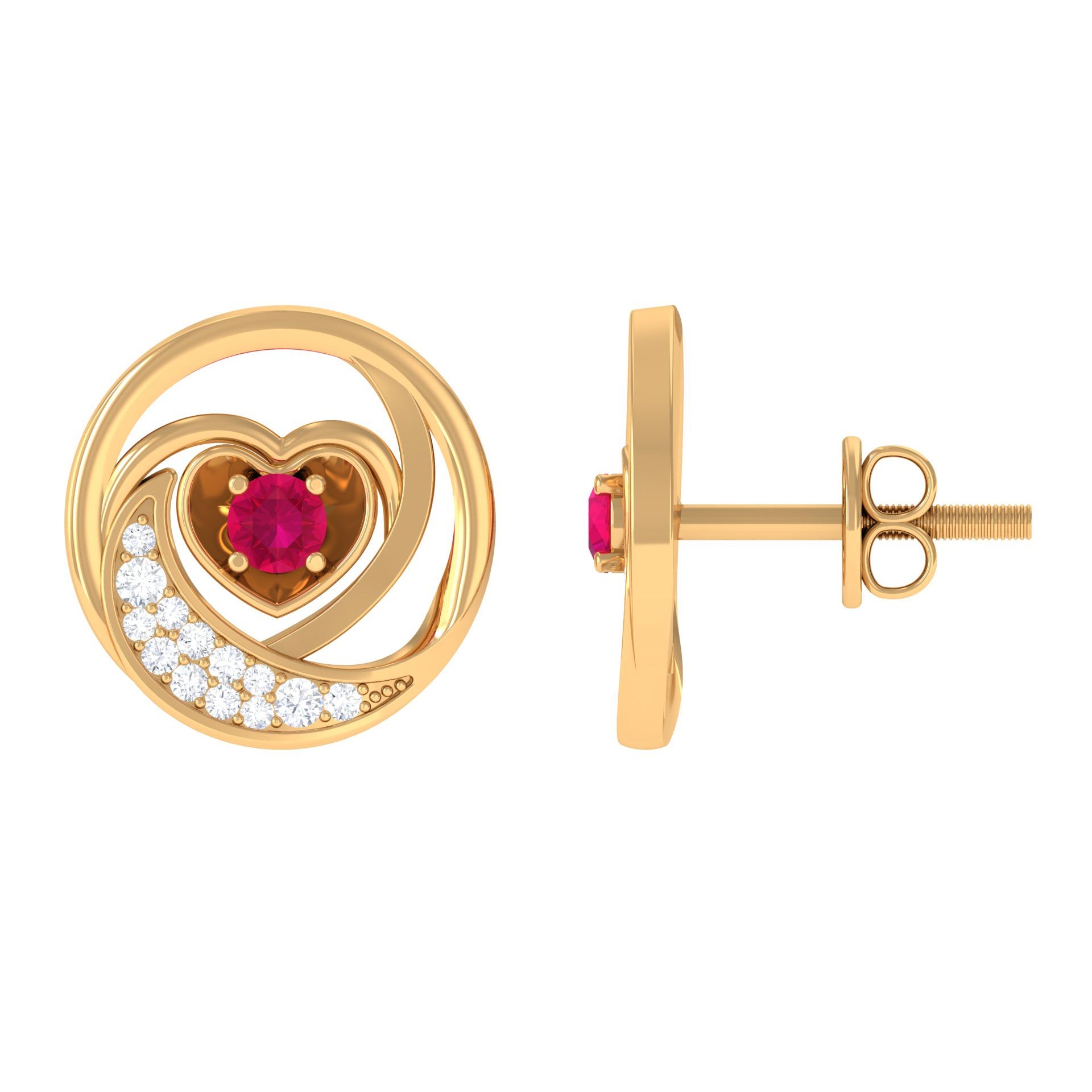 Round Ruby and Diamond Heart Stud Earrings | Earrings | Wiccan Center