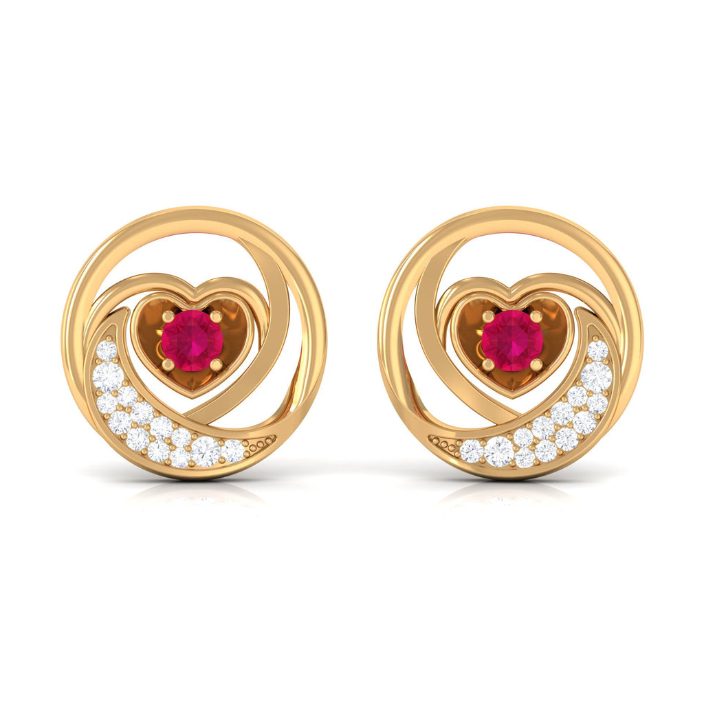 Round Ruby and Diamond Heart Stud Earrings