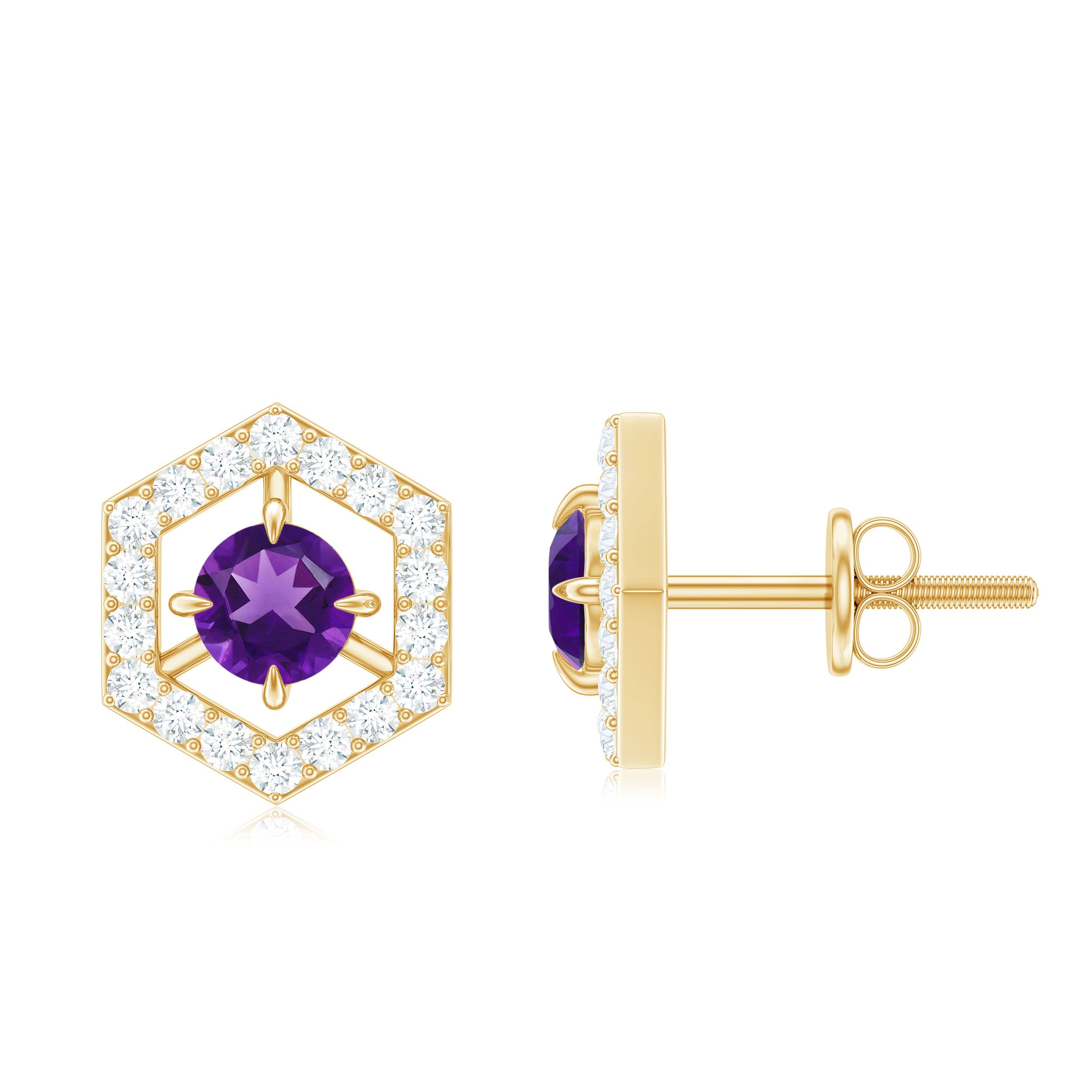 Minimal Amethyst and Diamond Geometric Stud Earrings | Earrings | Wiccan Center