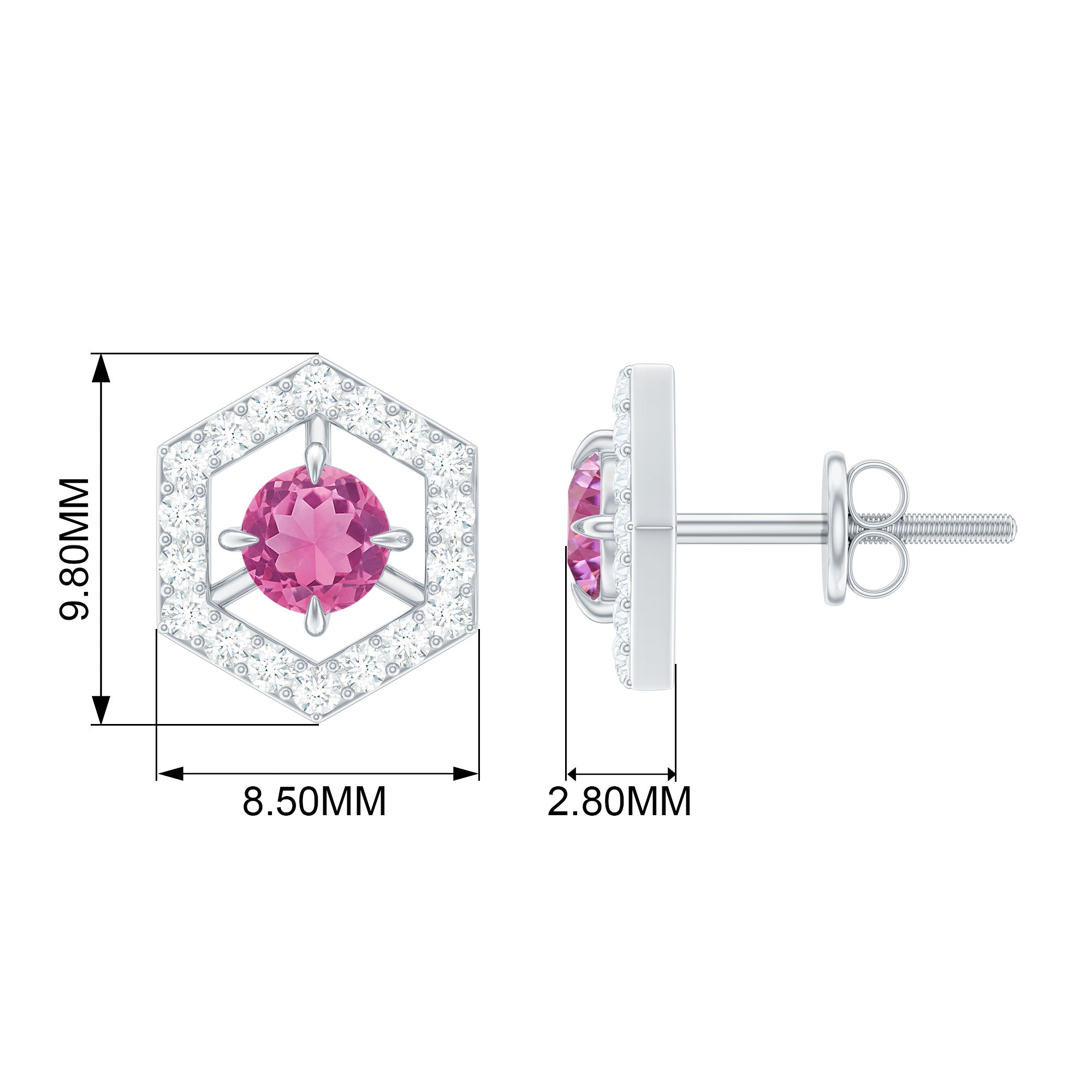 0.4 Carat Minimal Pink Tourmaline and Diamond Geometric Stud Earrings