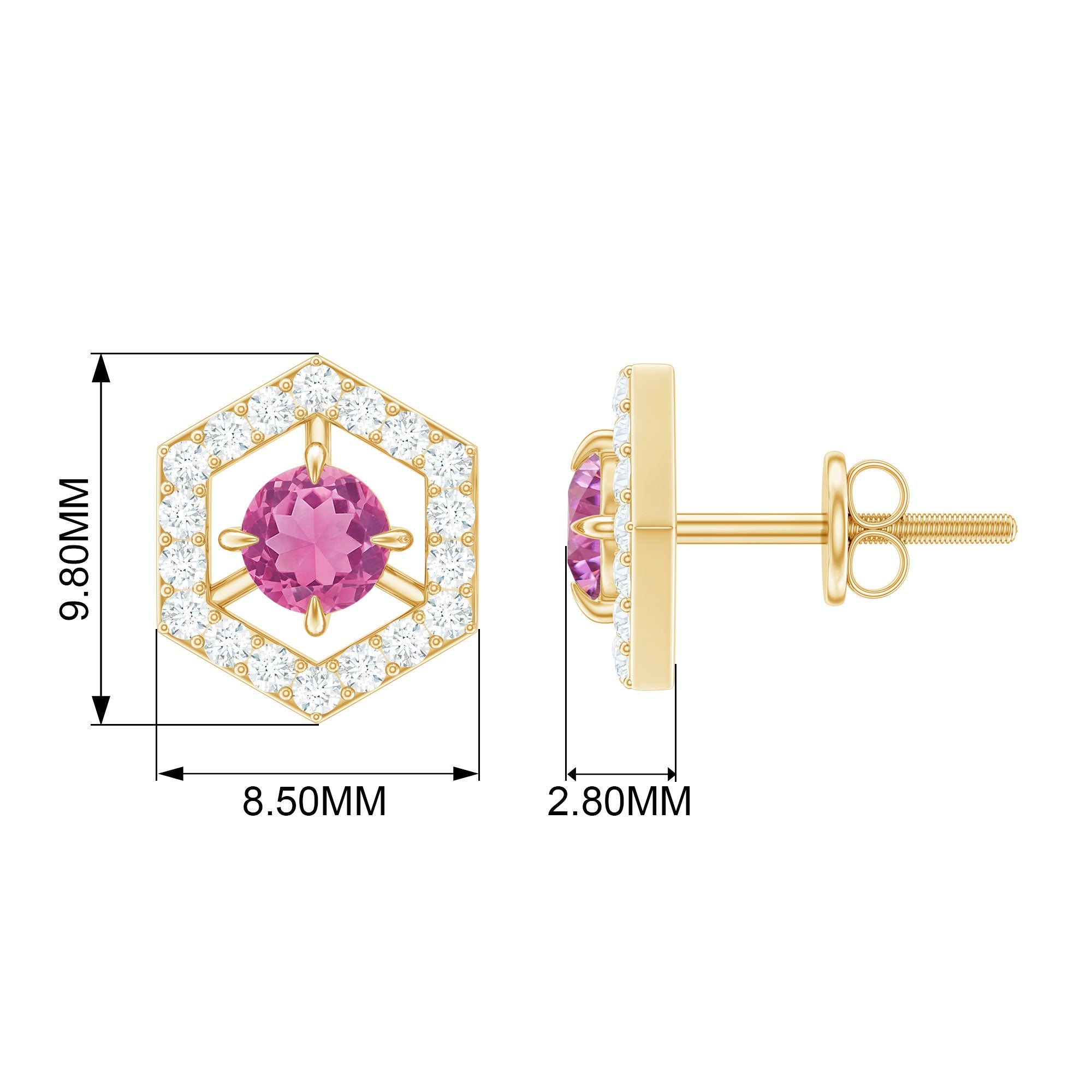 0.4 Carat Minimal Pink Tourmaline and Diamond Geometric Stud Earrings