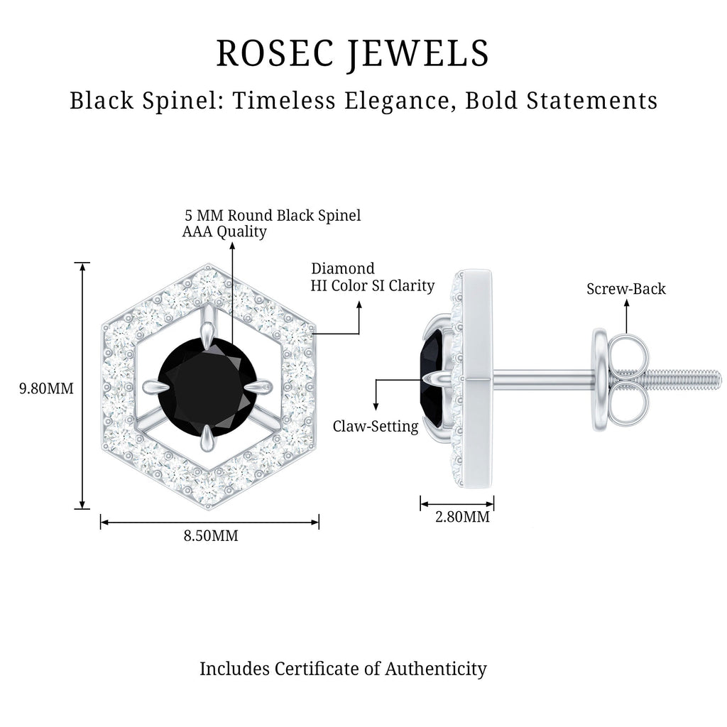 0.9 Carat Black Spinel and Diamond Hexagon Stud Earrings