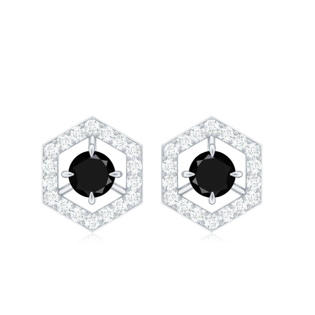 0.9 Carat Black Spinel and Diamond Hexagon Stud Earrings
