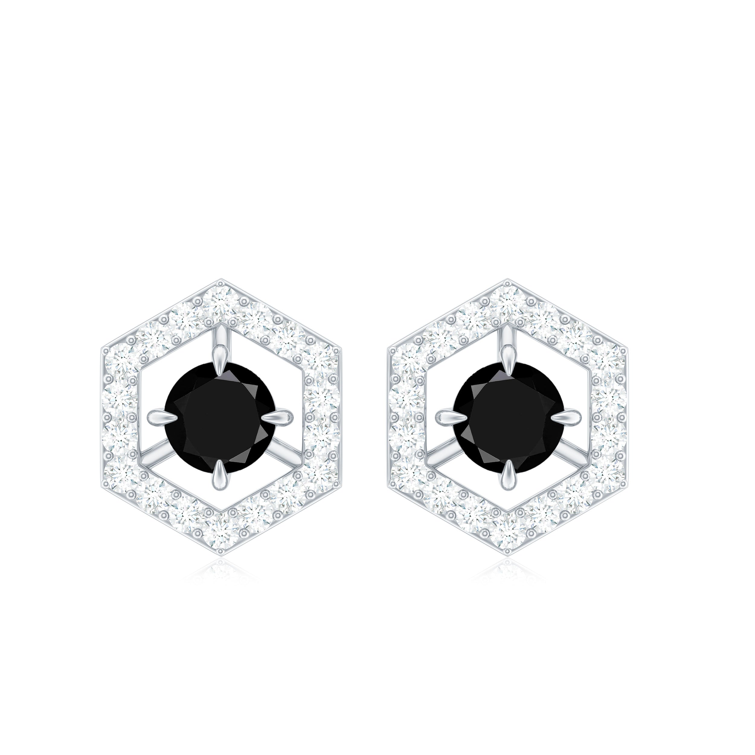 0.9 Carat Black Spinel and Diamond Hexagon Stud Earrings