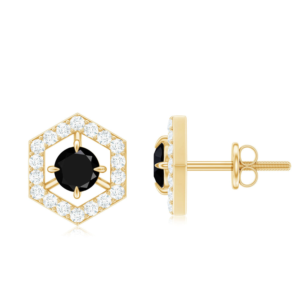 0.9 Carat Black Spinel and Diamond Hexagon Stud Earrings
