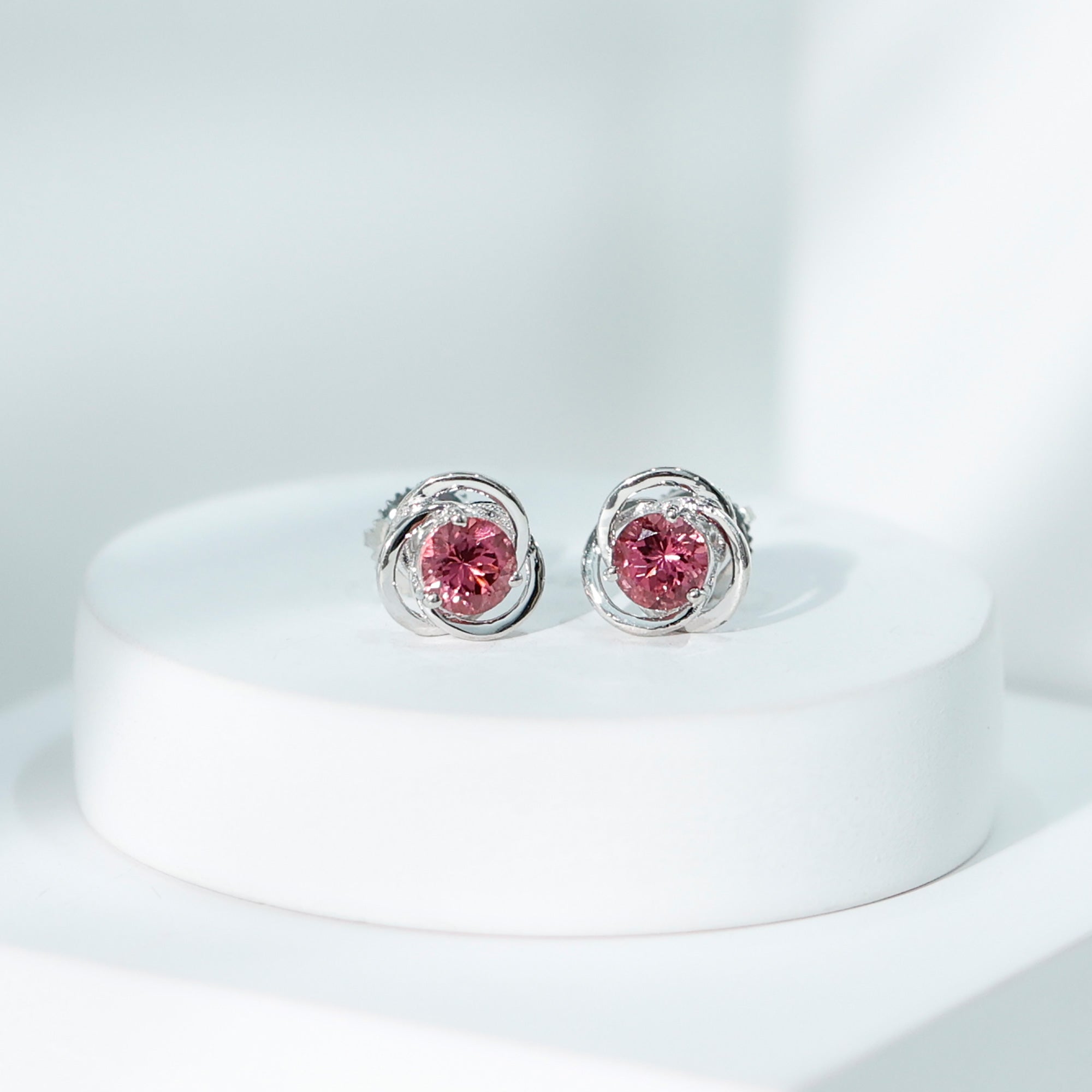 0.9 Carat Solitaire Pink Tourmaline Swirl Stud Earrings