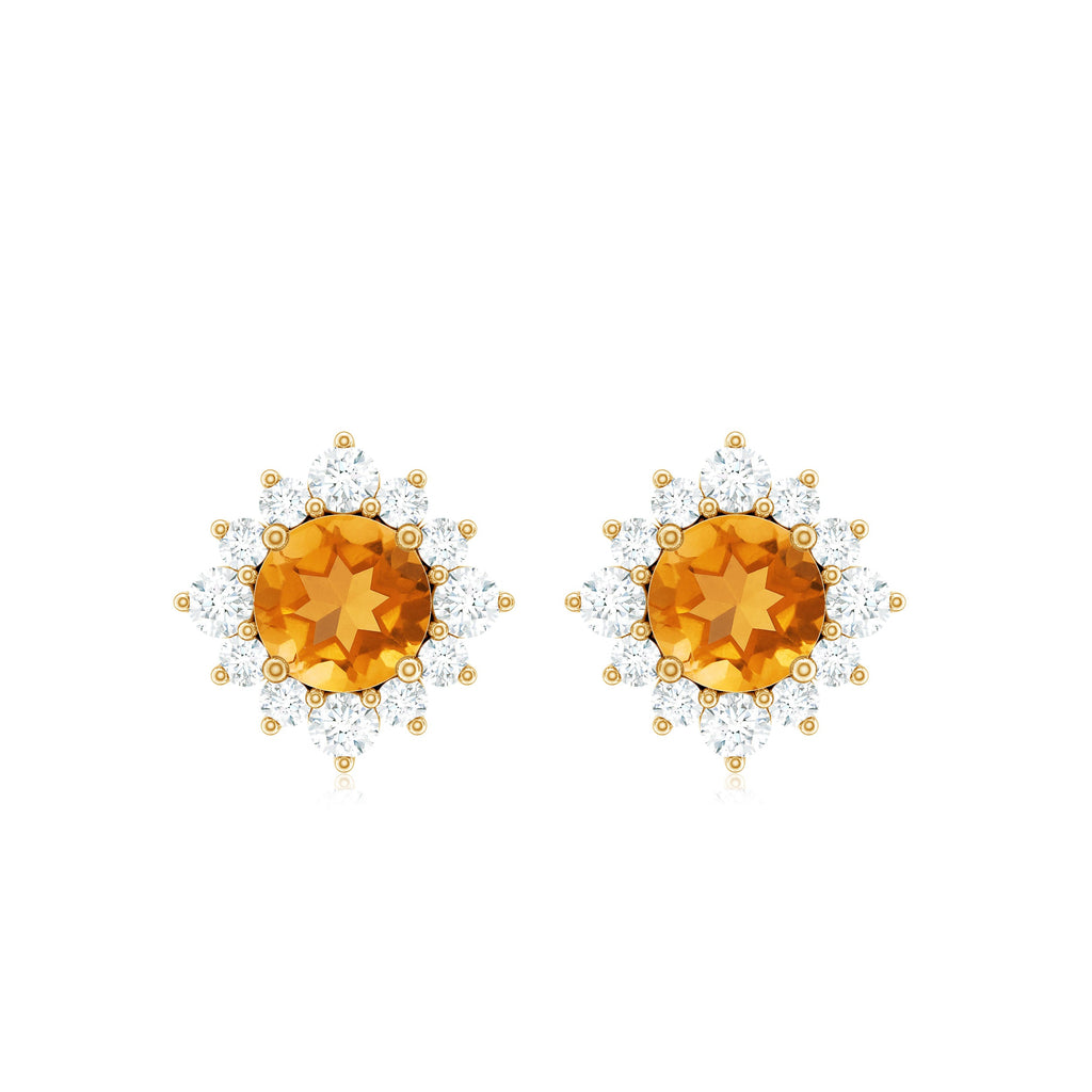 1 CT Classic Citrine Stud Earrings with Diamond Halo