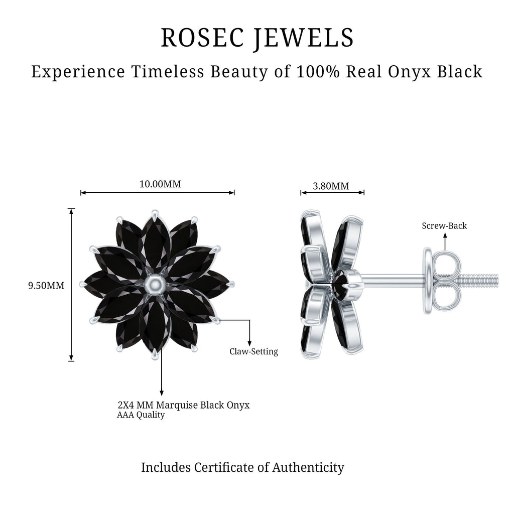 Marquise Shape Black Onyx Floral Statement Stud Earrings
