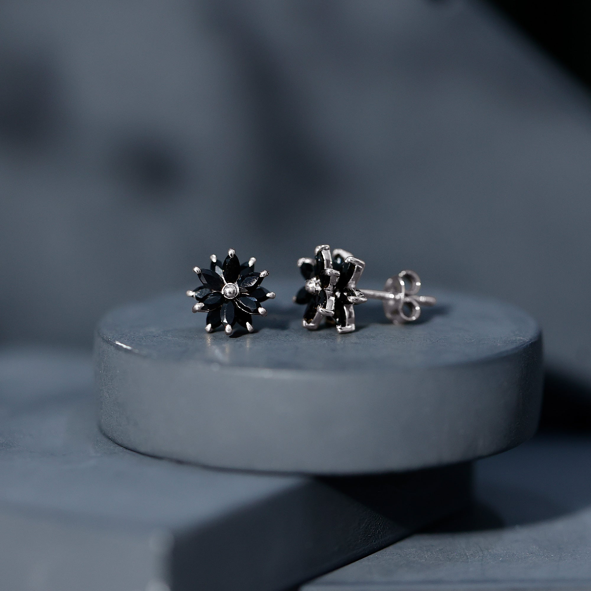 Marquise Shape Black Onyx Floral Statement Stud Earrings