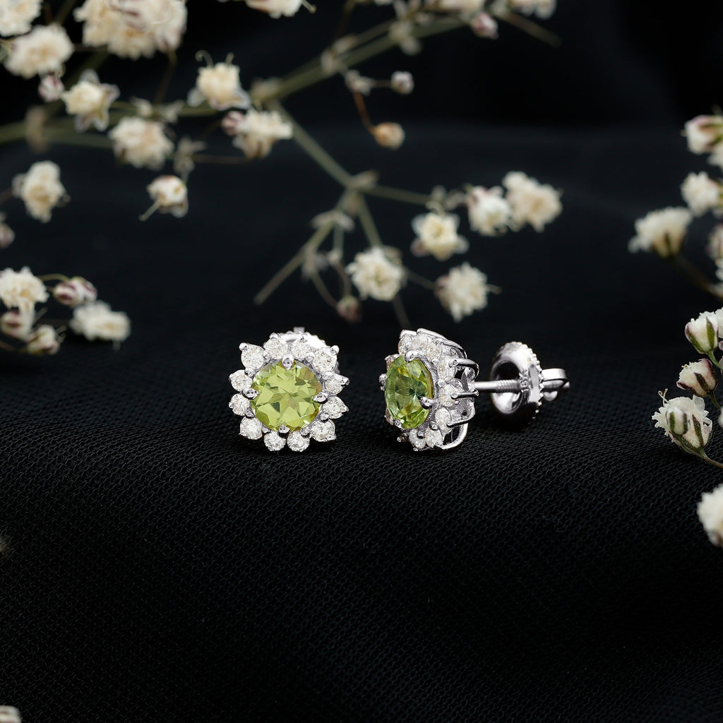 1 Carat Peridot Stud Earrings with Diamond Halo