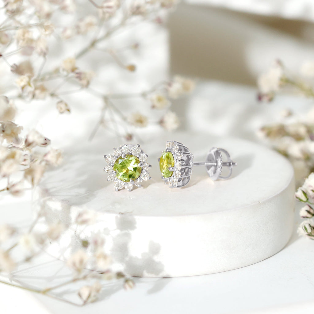 1 Carat Peridot Stud Earrings with Diamond Halo