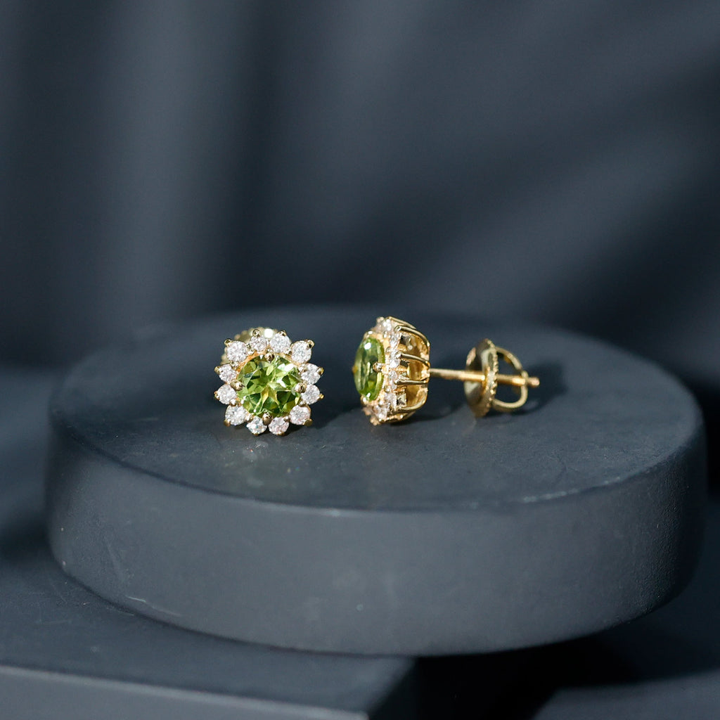 1 Carat Peridot Stud Earrings with Diamond Halo