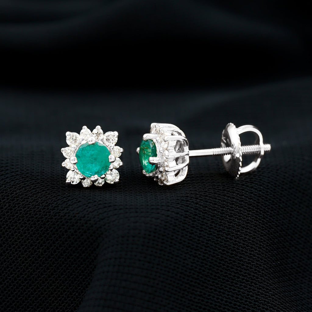 Real Emerald Stud Earrings with Diamond Halo