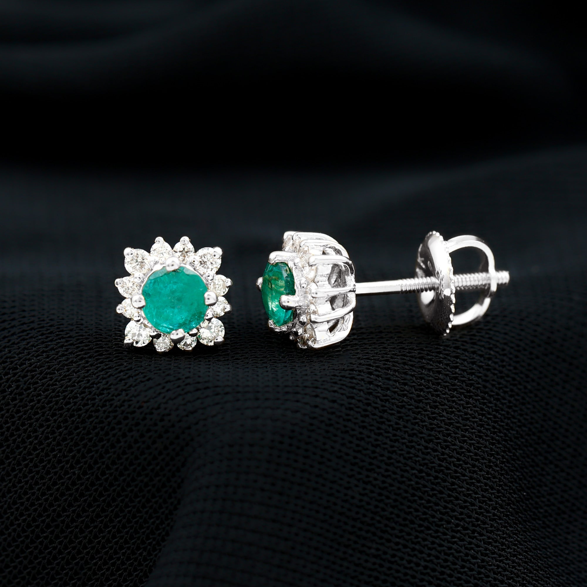 Real Emerald Stud Earrings with Diamond Halo
