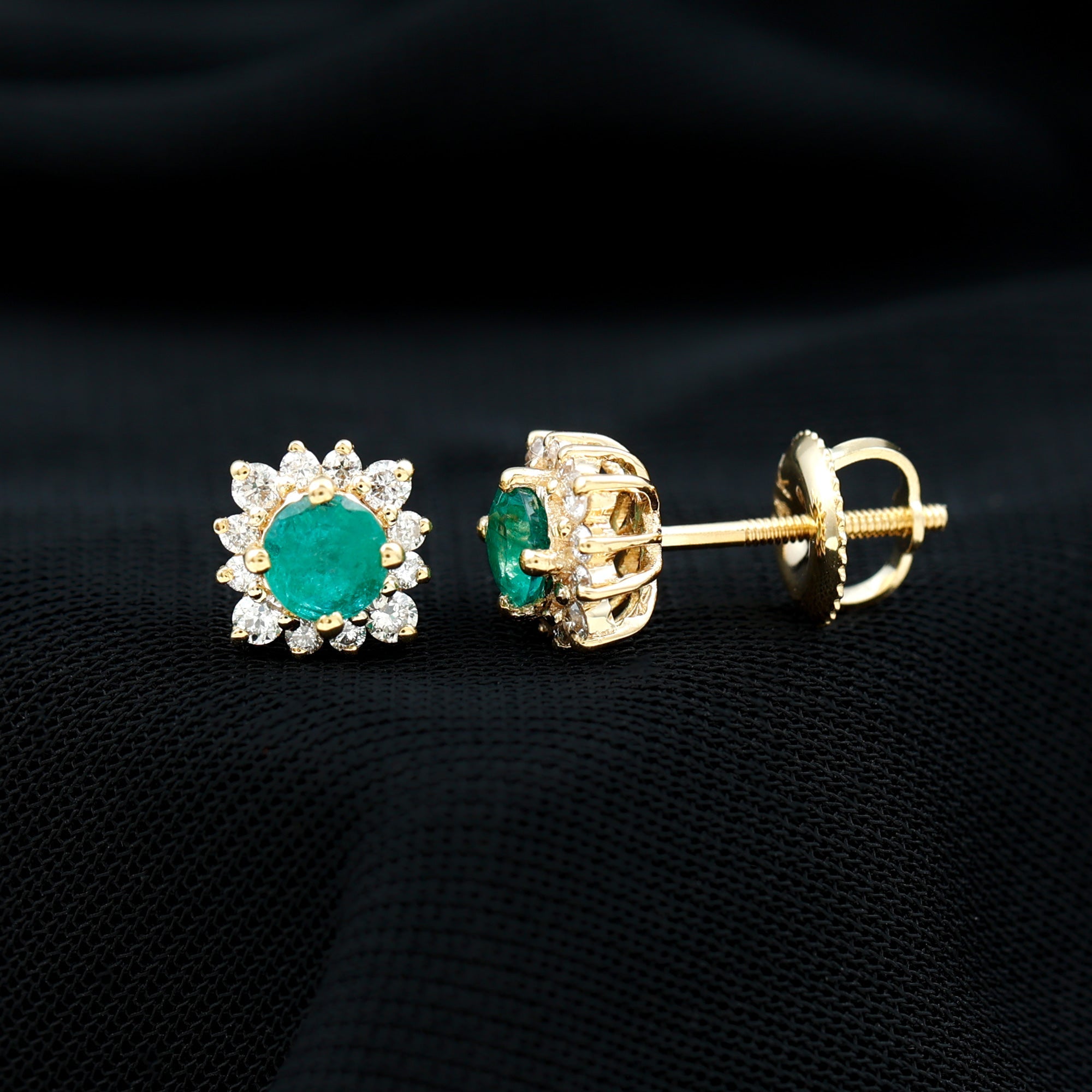 Real Emerald Stud Earrings with Diamond Halo
