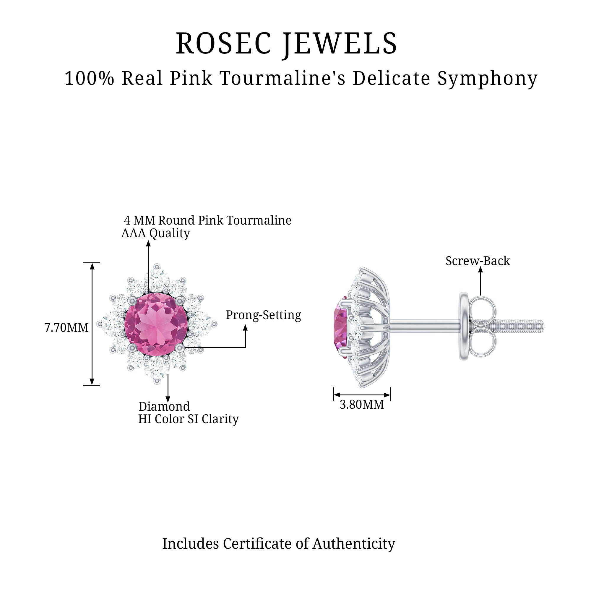 Round Pink Tourmaline Stud Earrings with Diamond Halo