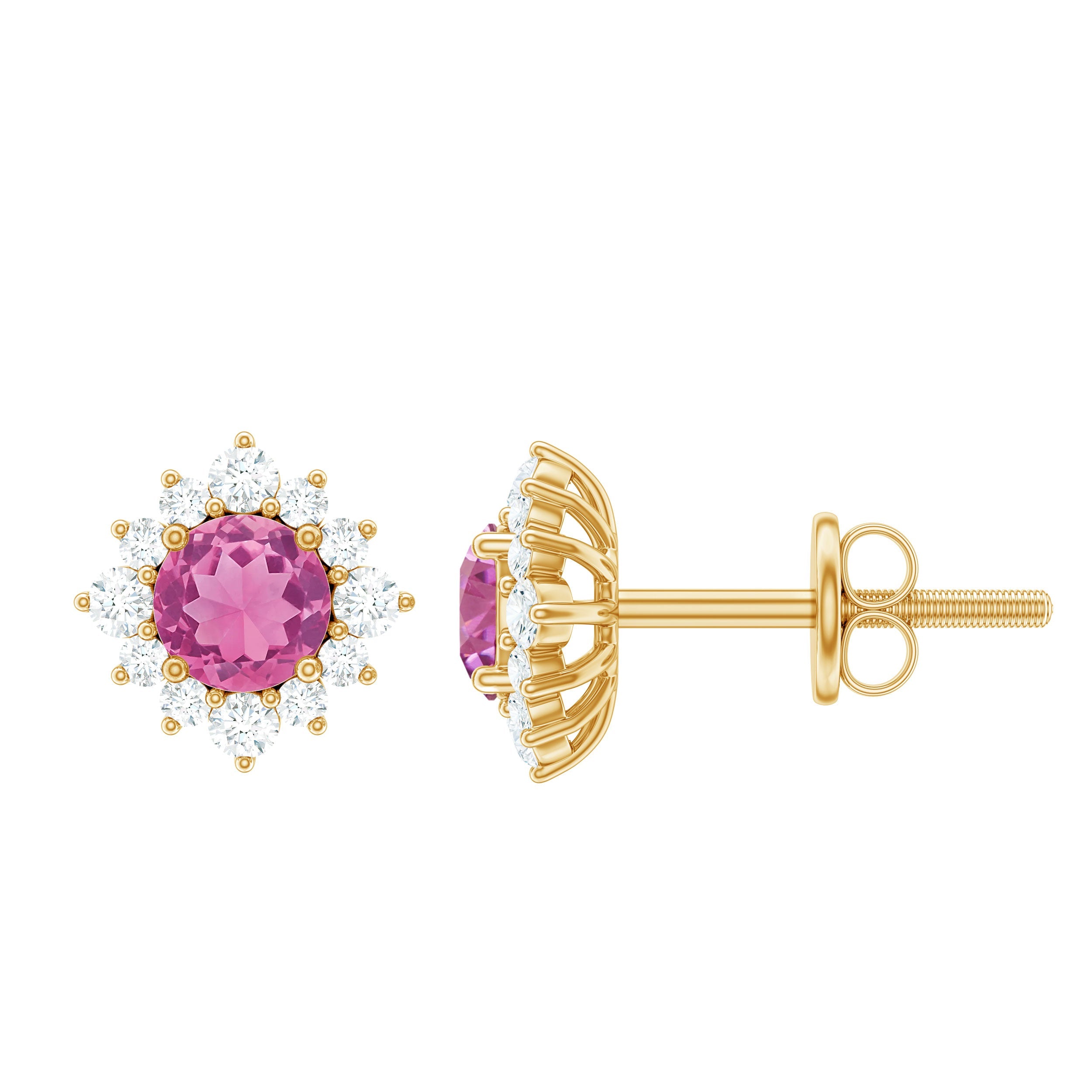 Round Pink Tourmaline Stud Earrings with Diamond Halo | Earrings | Wiccan Center