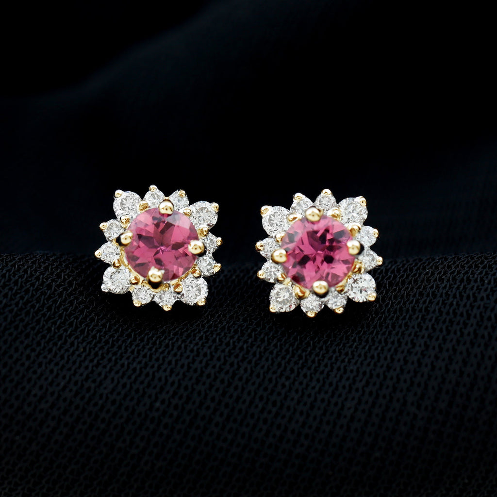 Round Pink Tourmaline Stud Earrings with Diamond Halo