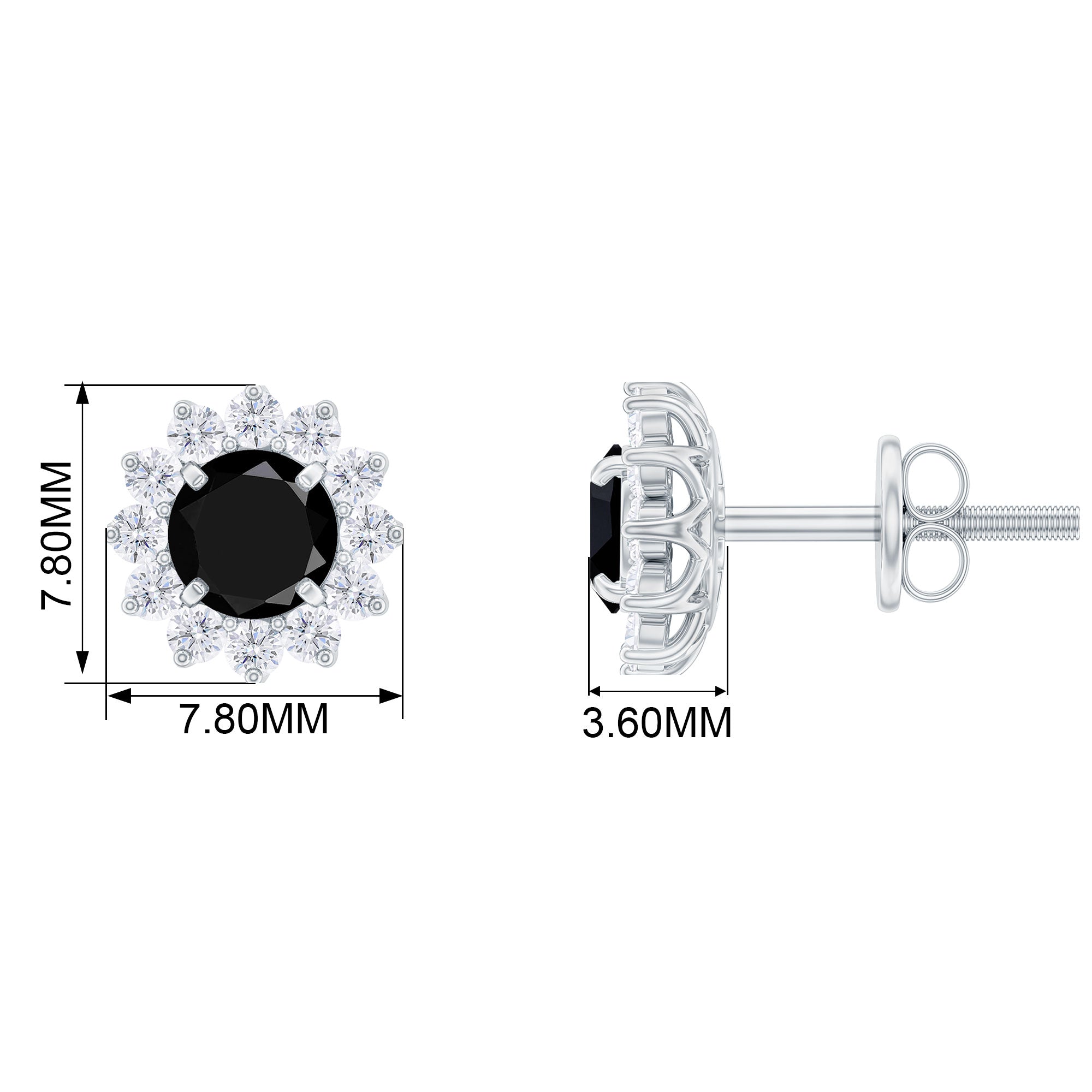 0.9 Carat Black Spinel and Diamond Classic Halo Stud Earrings
