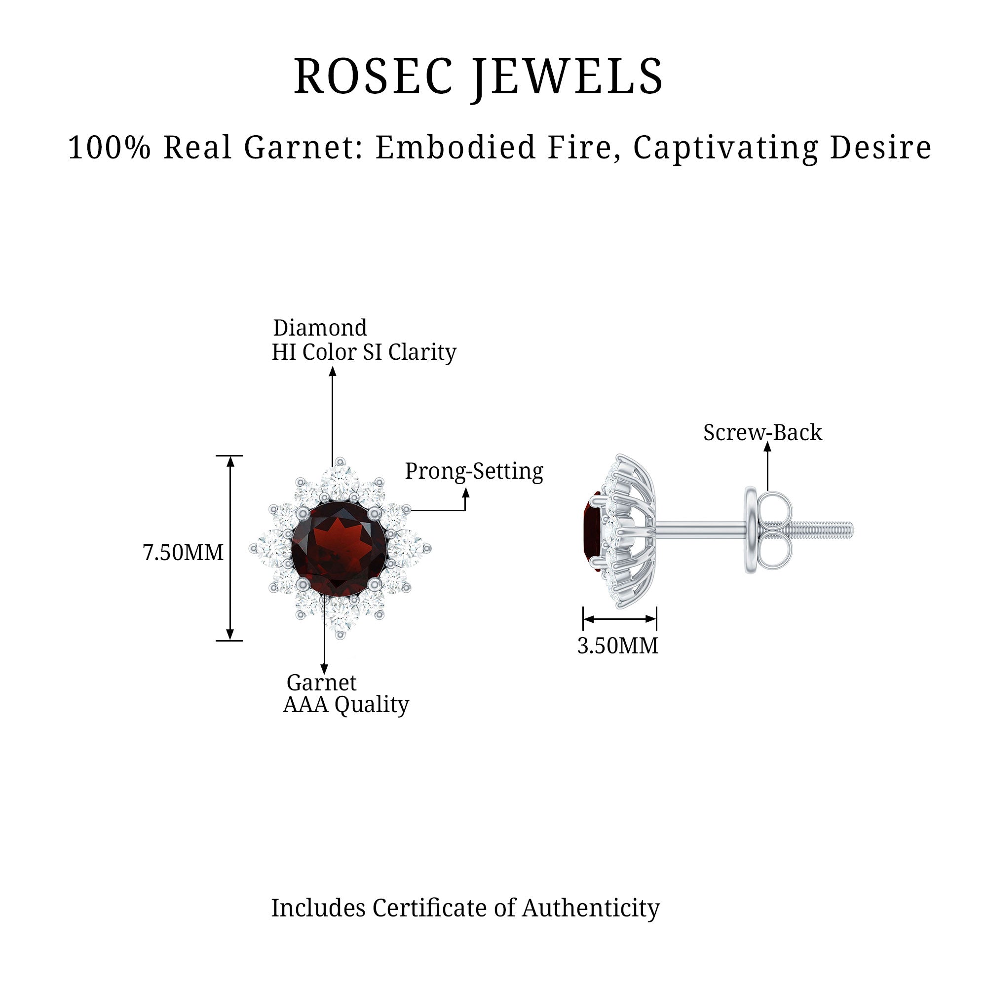 0.6 Carat Garnet Classic Stud Earrings with Diamond Halo