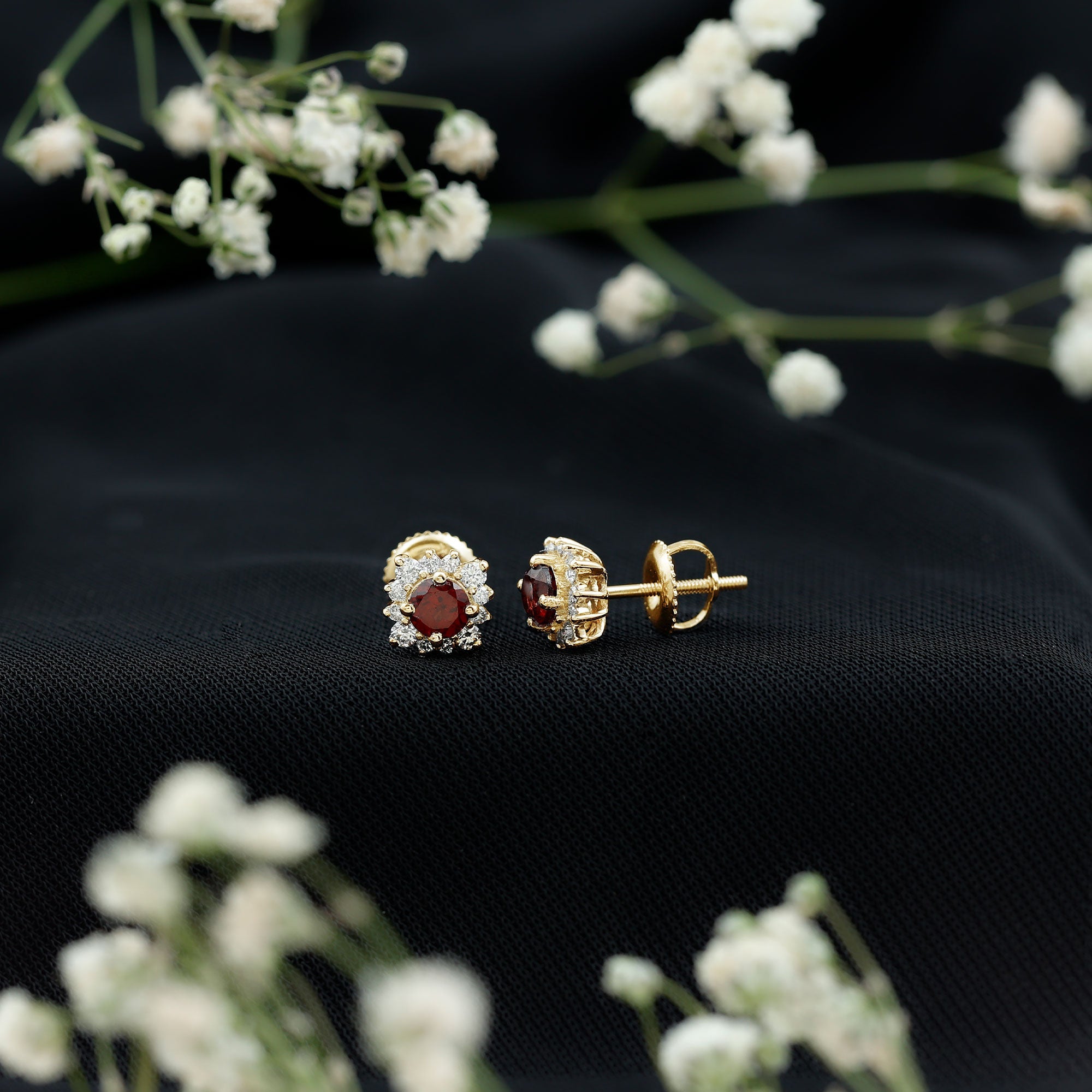 0.6 Carat Garnet Classic Stud Earrings with Diamond Halo
