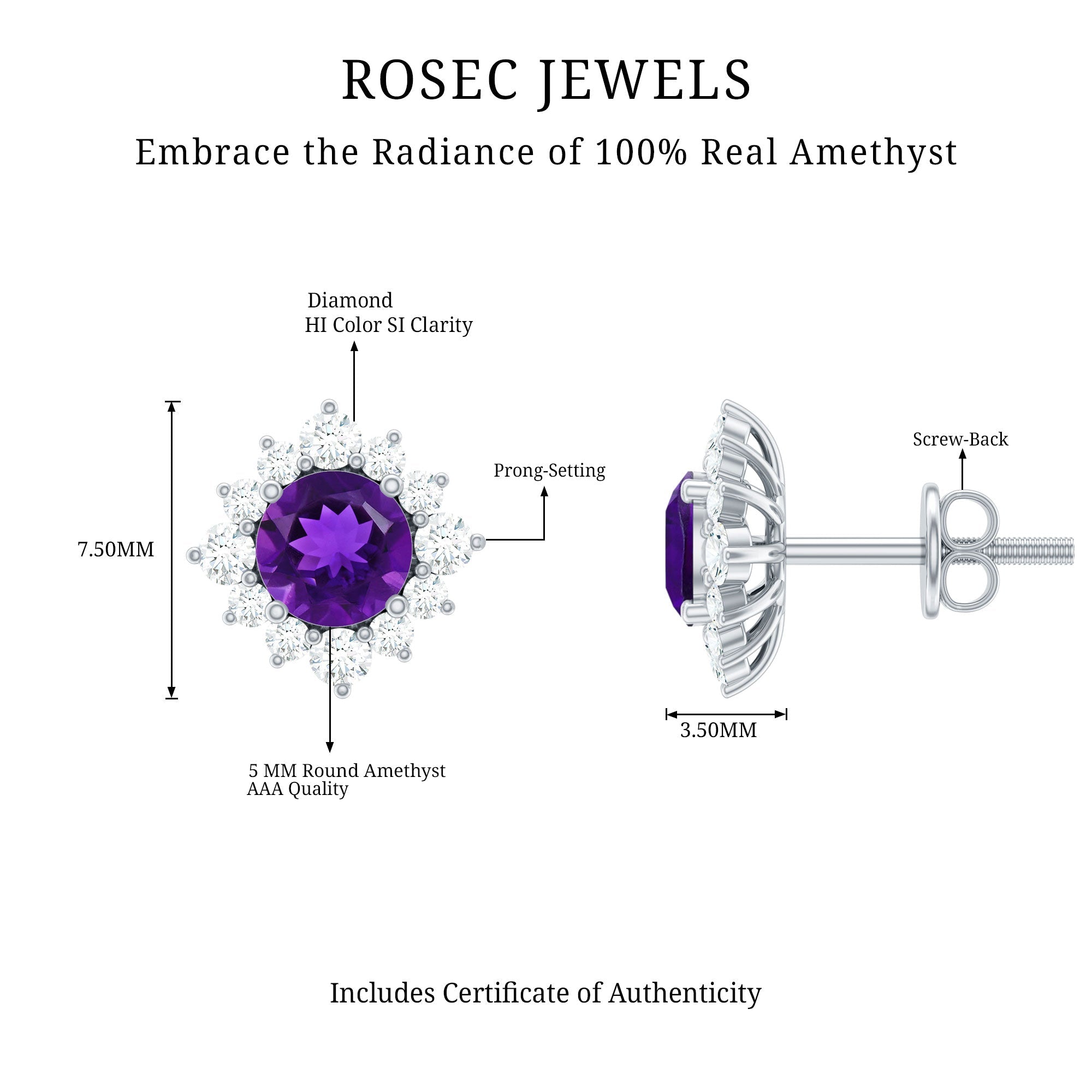 Genuine Amethyst Stud Earrings with Diamond Halo