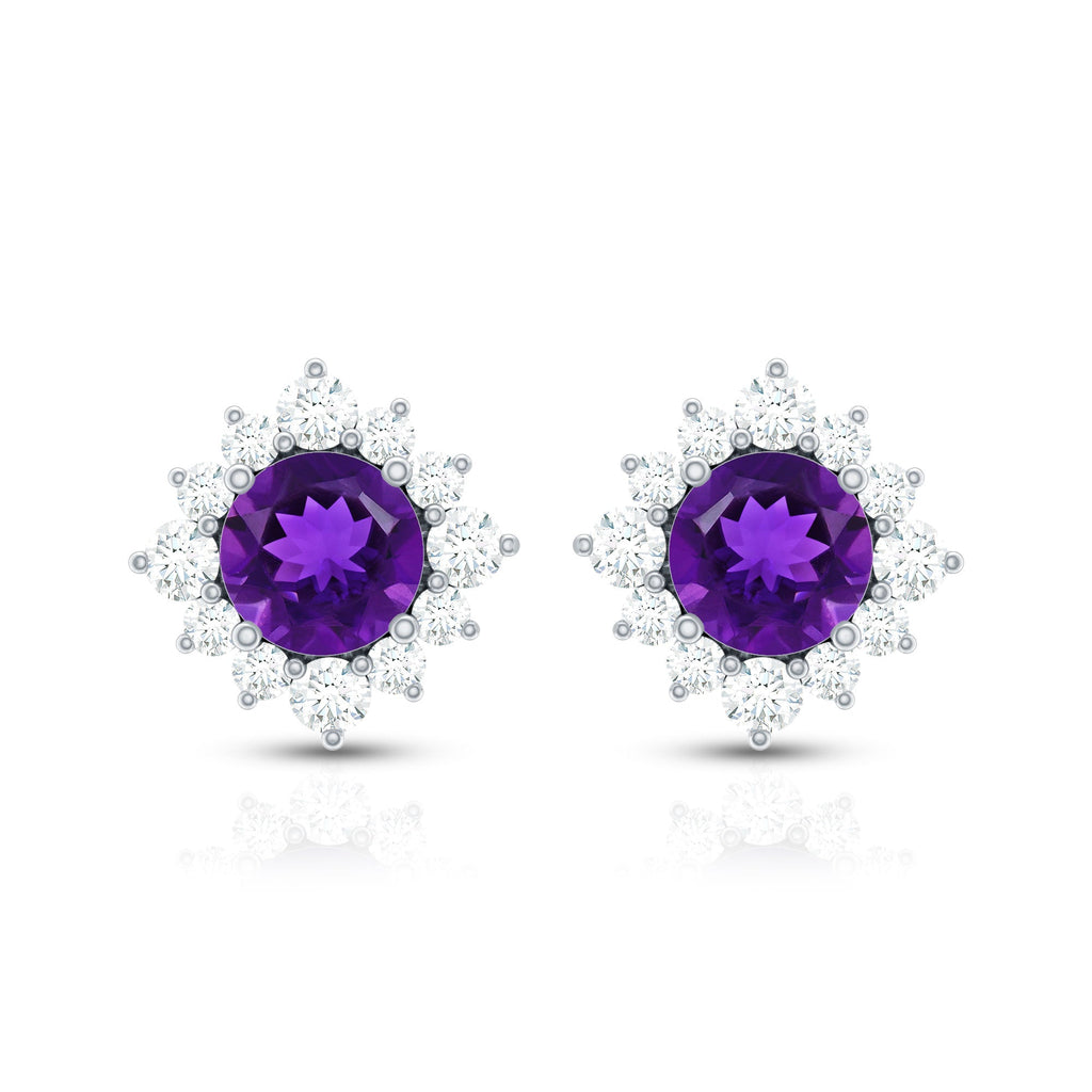 Genuine Amethyst Stud Earrings with Diamond Halo