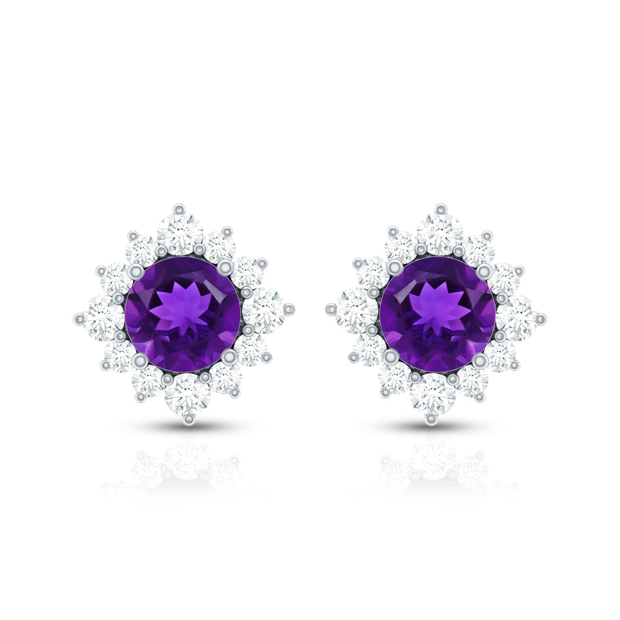 Genuine Amethyst Stud Earrings with Diamond Halo