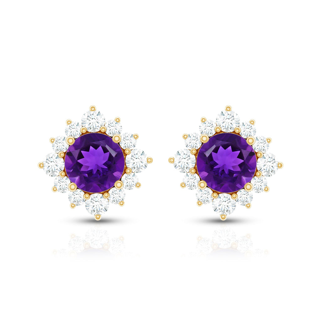 Genuine Amethyst Stud Earrings with Diamond Halo