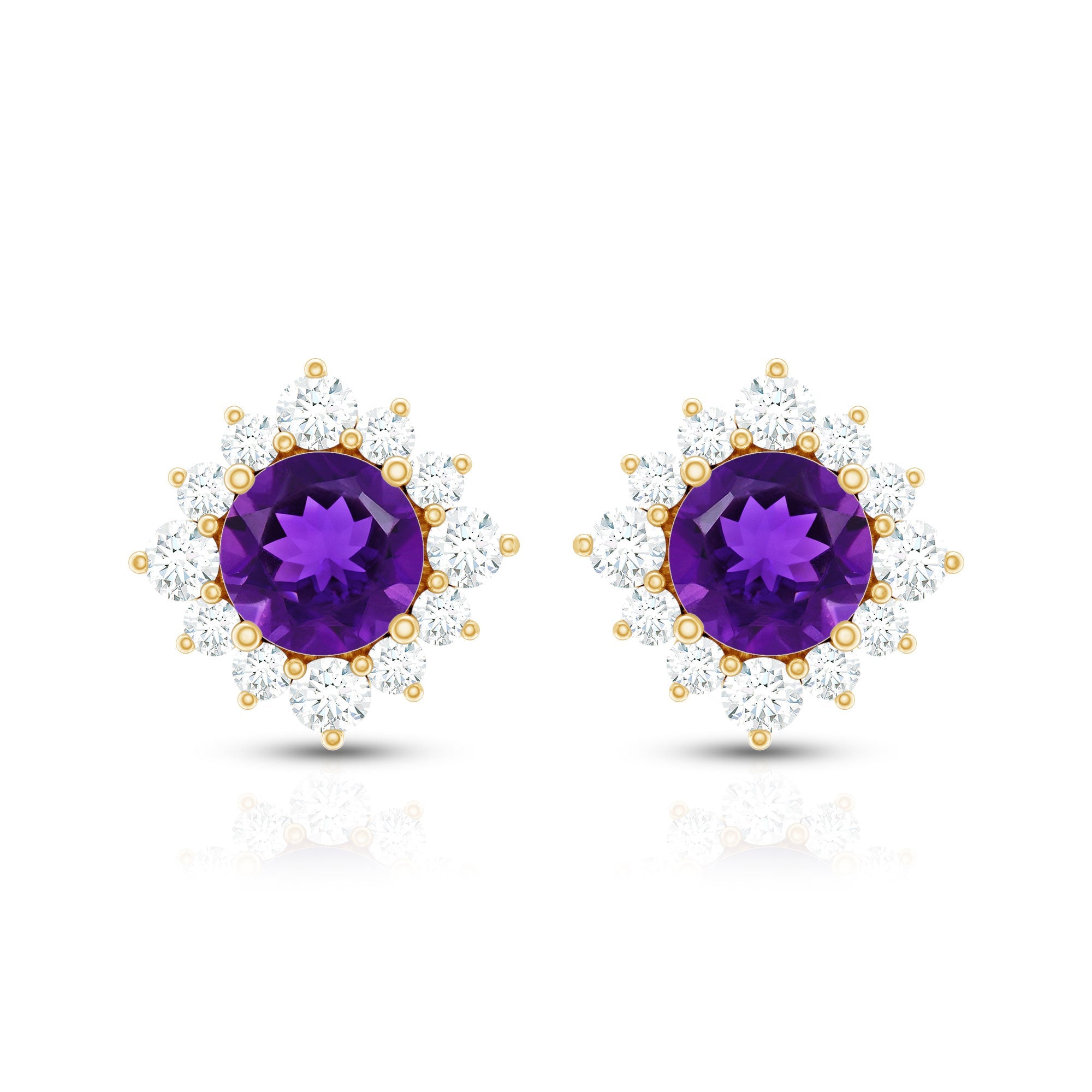 Genuine Amethyst Stud Earrings with Diamond Halo