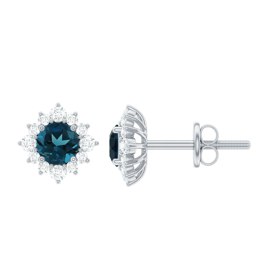 1.2 Carat Classic London Blue Topaz Stud Earrings with Diamond Halo