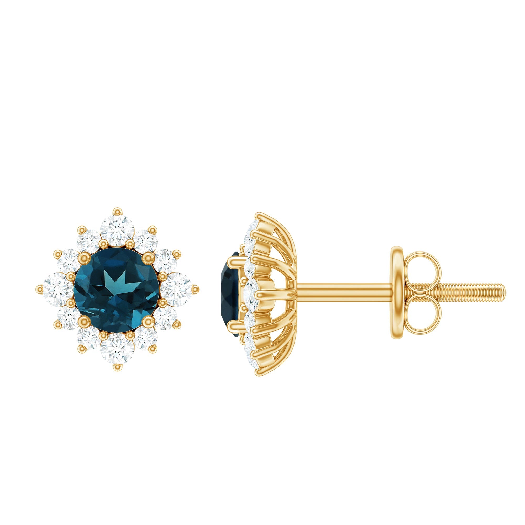 1.2 Carat Classic London Blue Topaz Stud Earrings with Diamond Halo | Earrings | Wiccan Center