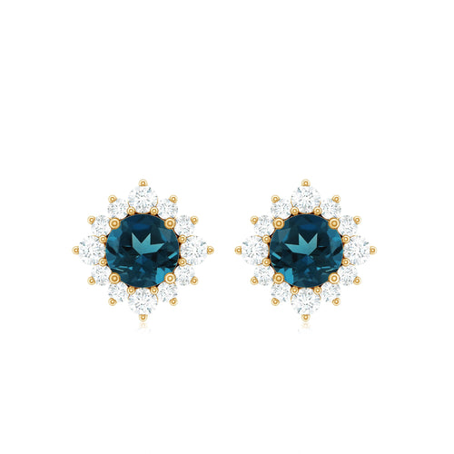 1.2 Carat Classic London Blue Topaz Stud Earrings with Diamond Halo | Earrings | Wiccan Center