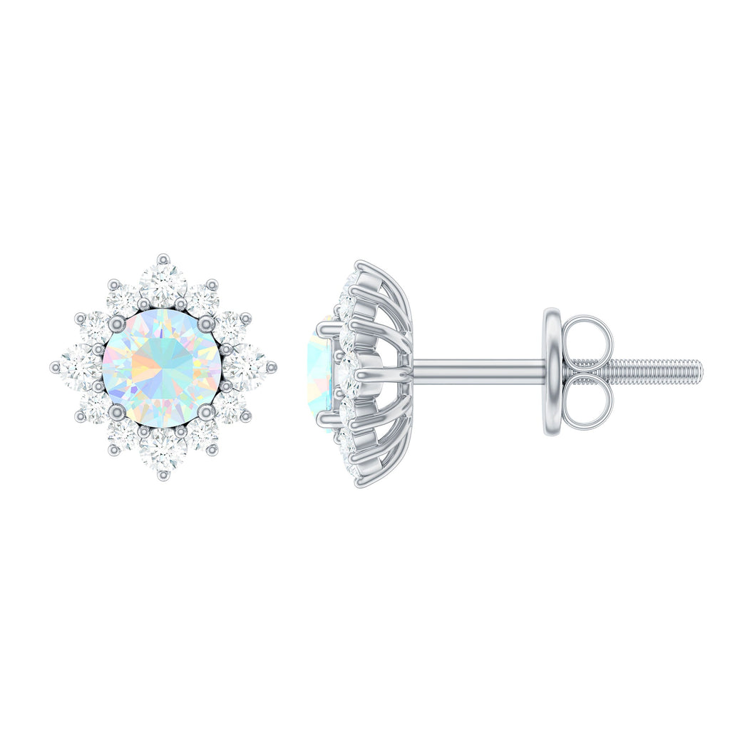Classic Ethiopian Opal Stud Earrings with Diamond Halo