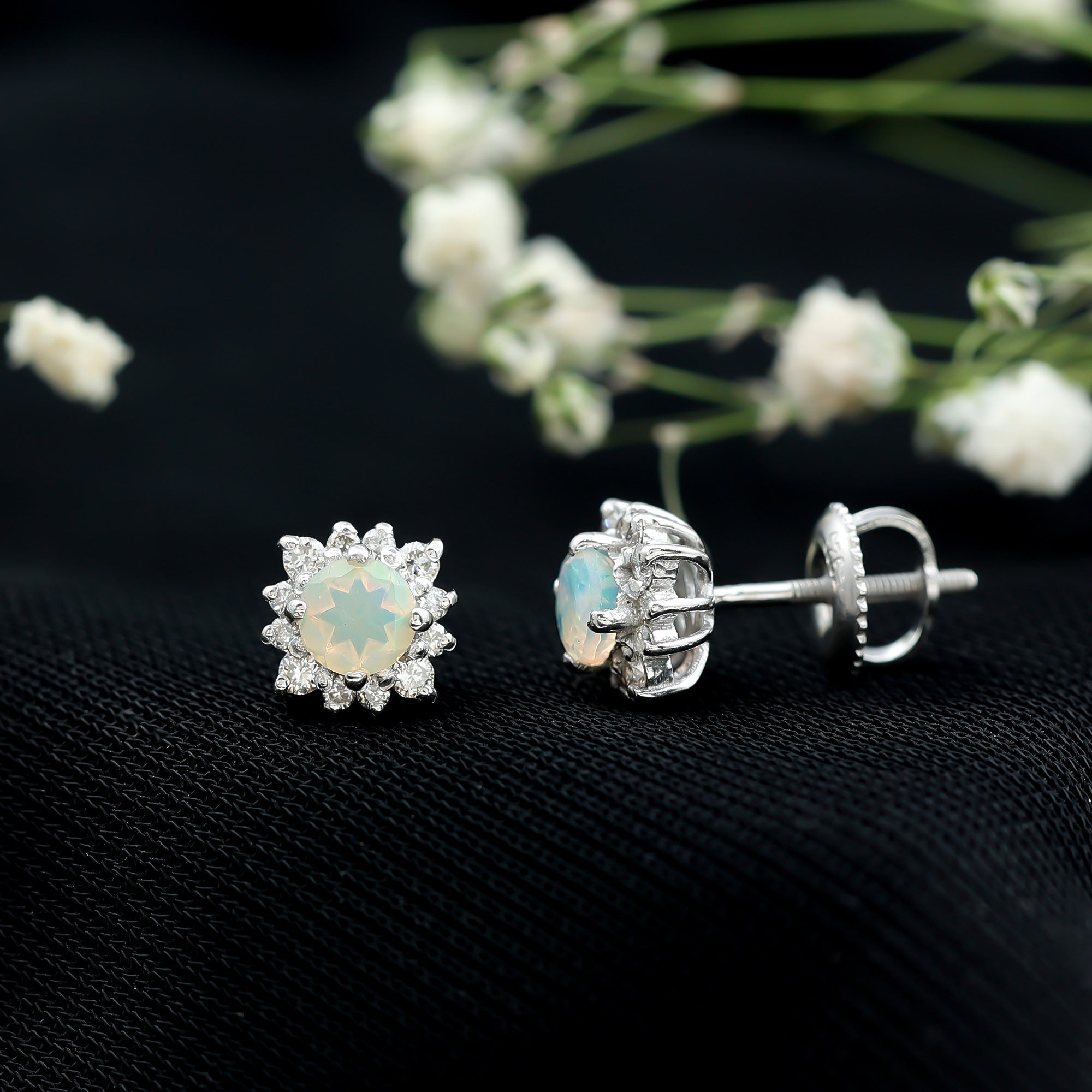 Classic Ethiopian Opal Stud Earrings with Diamond Halo