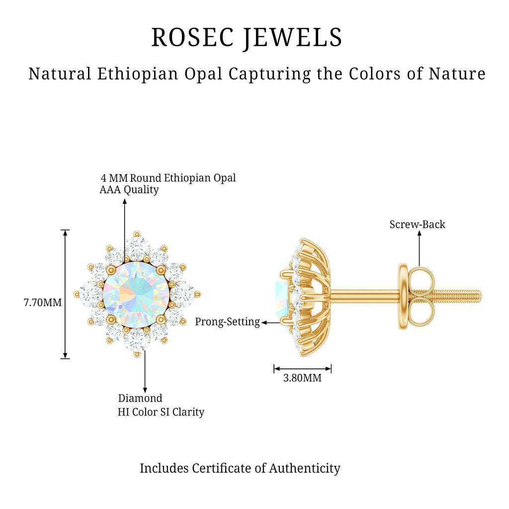 Classic Ethiopian Opal Stud Earrings with Diamond Halo