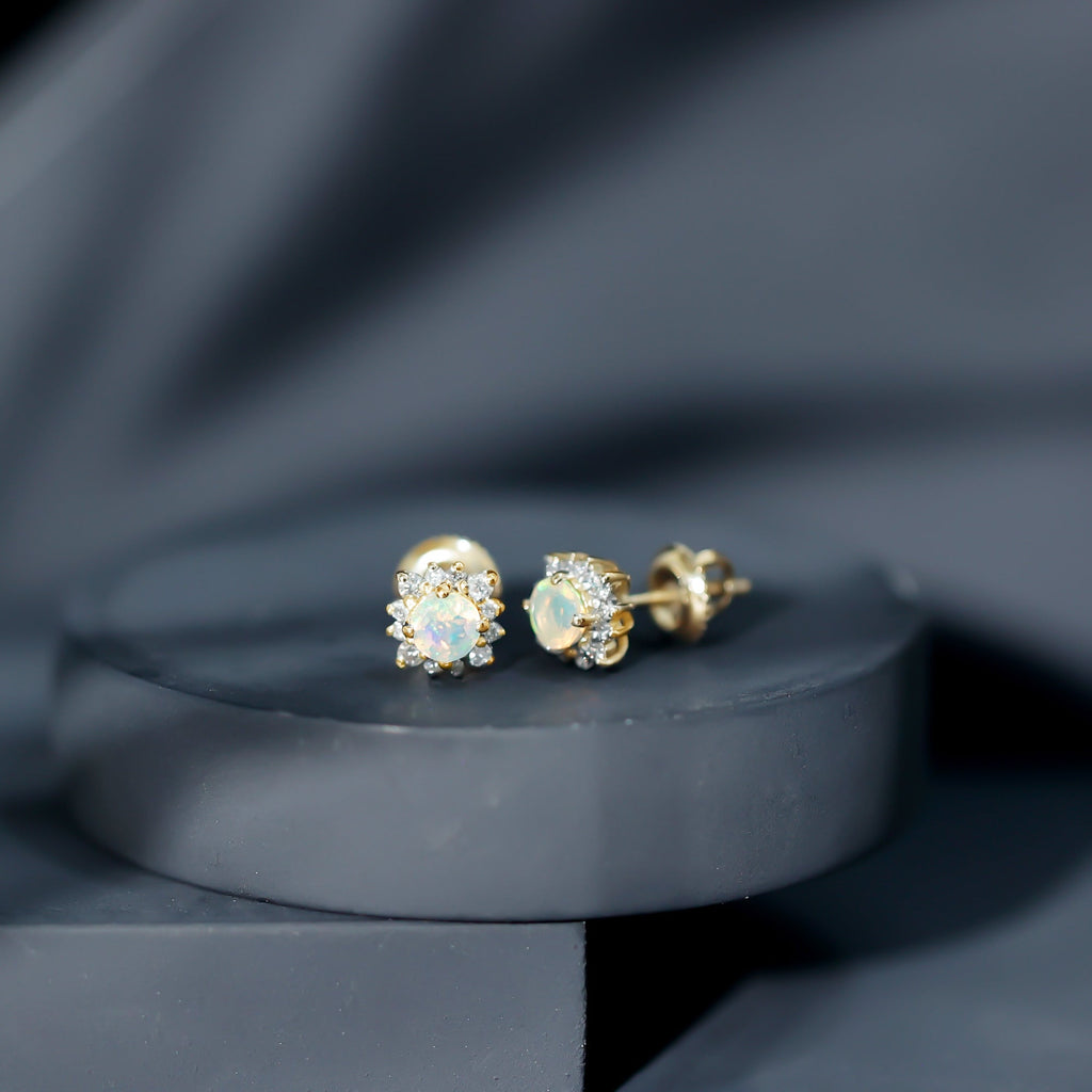 Classic Ethiopian Opal Stud Earrings with Diamond Halo