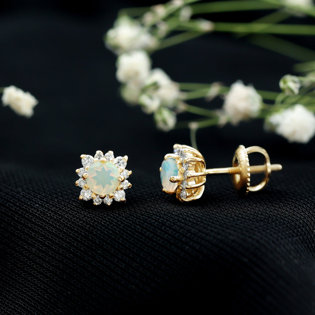 Classic Ethiopian Opal Stud Earrings with Diamond Halo