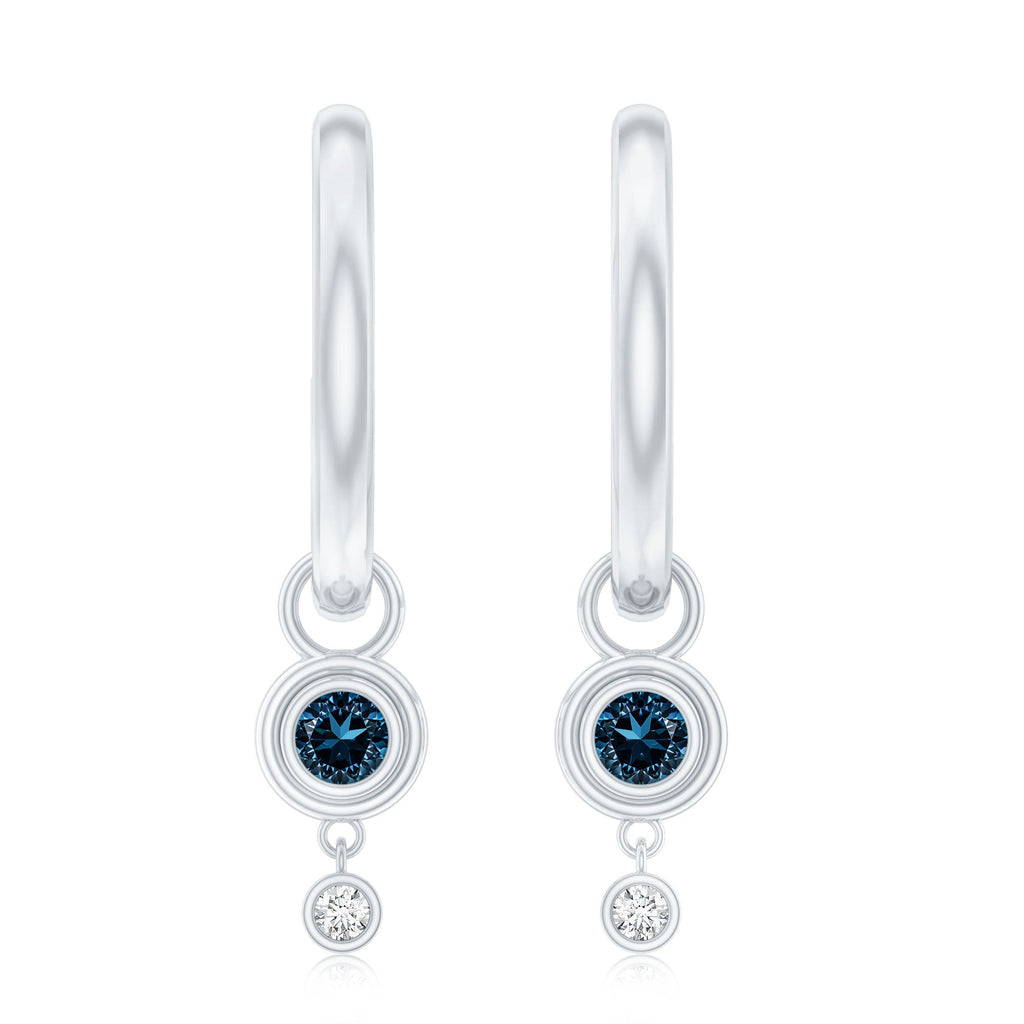 Bezel Set London Blue Topaz and Lab Diamond Hoop Drop Earrings