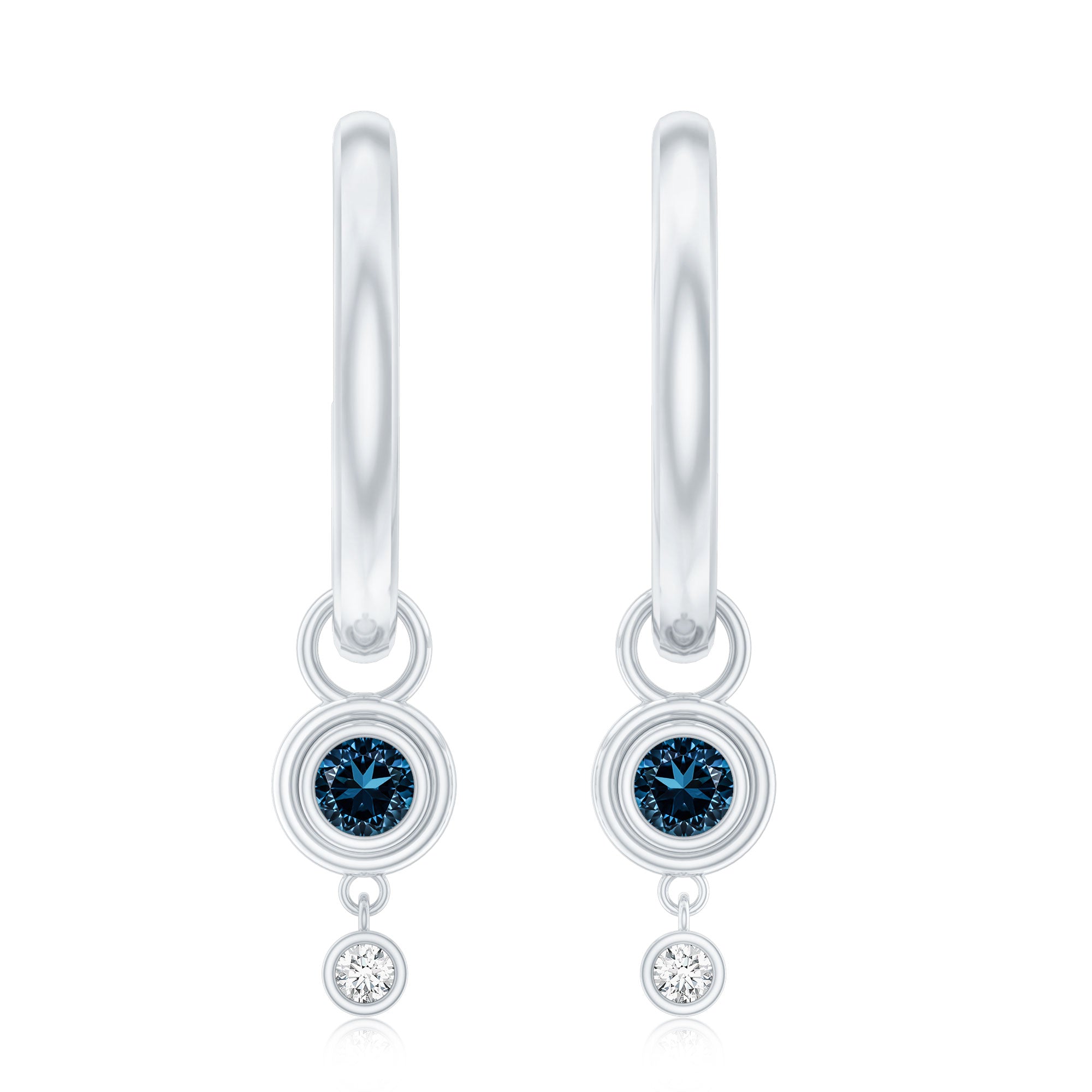 Bezel Set London Blue Topaz and Lab Diamond Hoop Drop Earrings