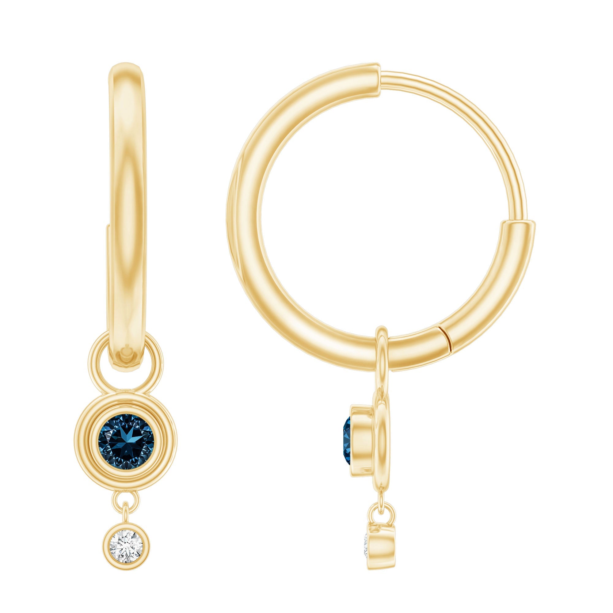 Bezel Set London Blue Topaz and Lab Diamond Hoop Drop Earrings | Earrings | Wiccan Center