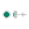 Real 0.99 Carat Emerald and Diamond Halo Stud Earrings