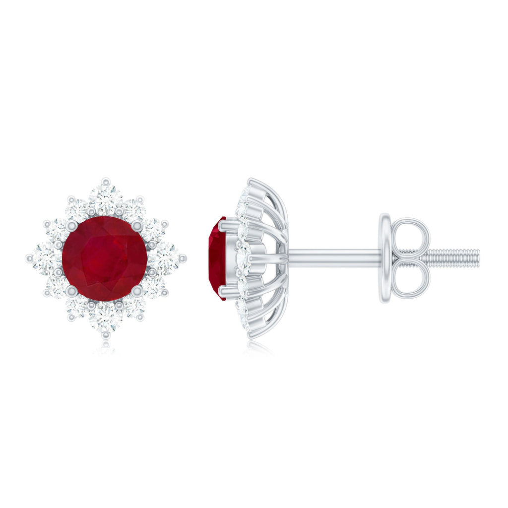 Natural Ruby Stud Earrings with Diamond Halo