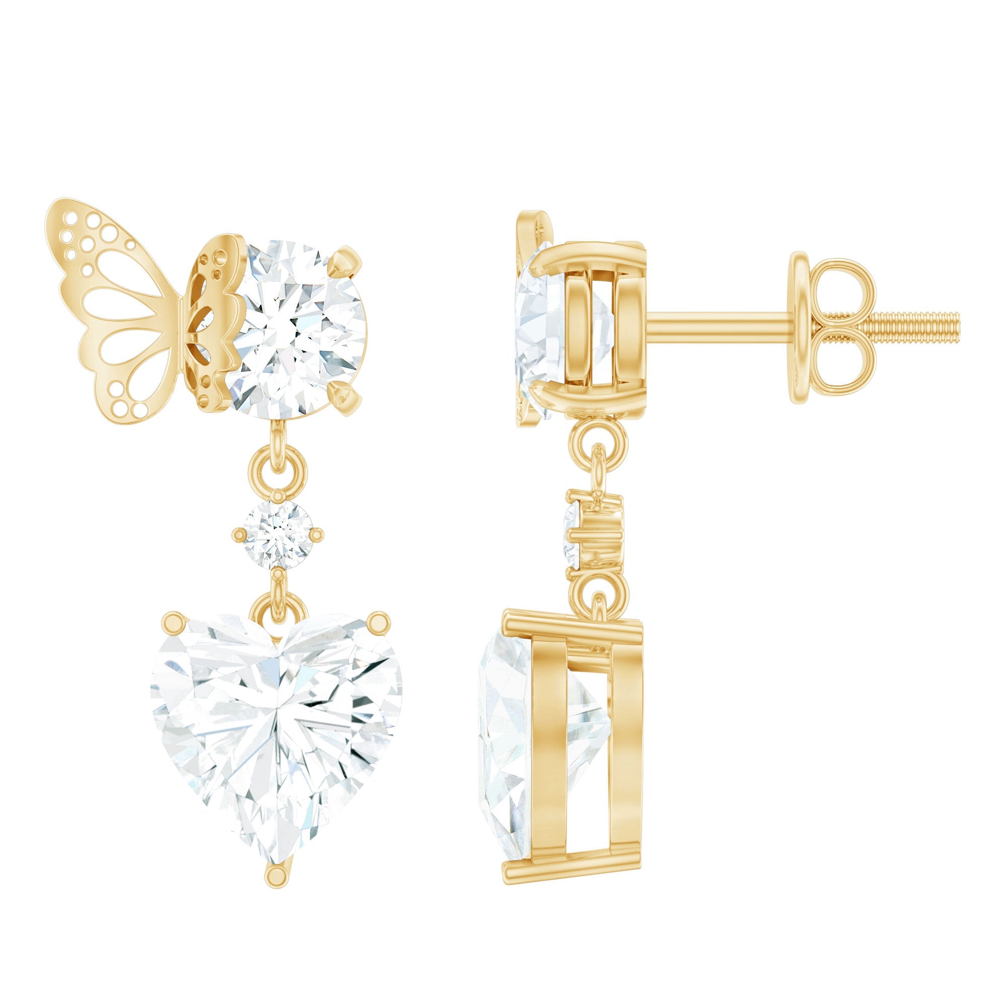 3 Carat Heart Shape Moissanite Drop Earrings with Butterfly | Earrings | Wiccan Center