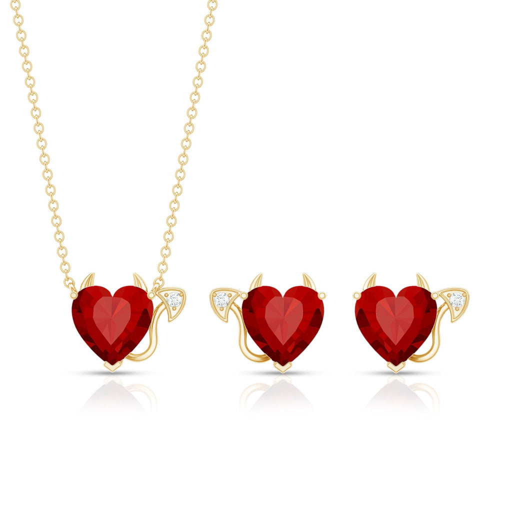 Lab Grown Ruby Heart Necklace And Earrings Set With Diamond