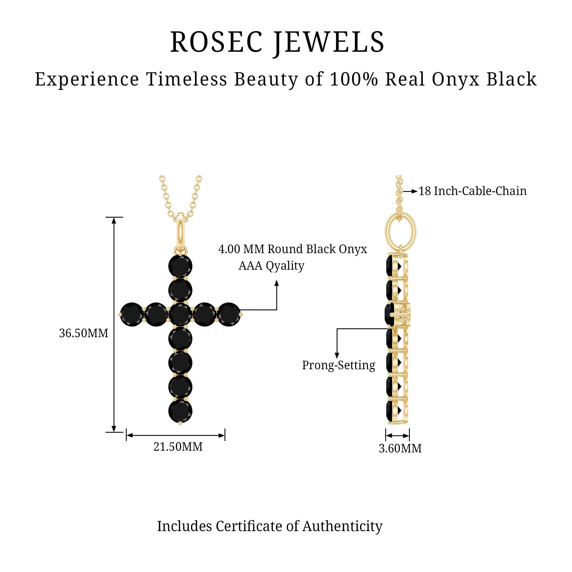 Natural Black Onyx Cross Pendant Necklace for Women