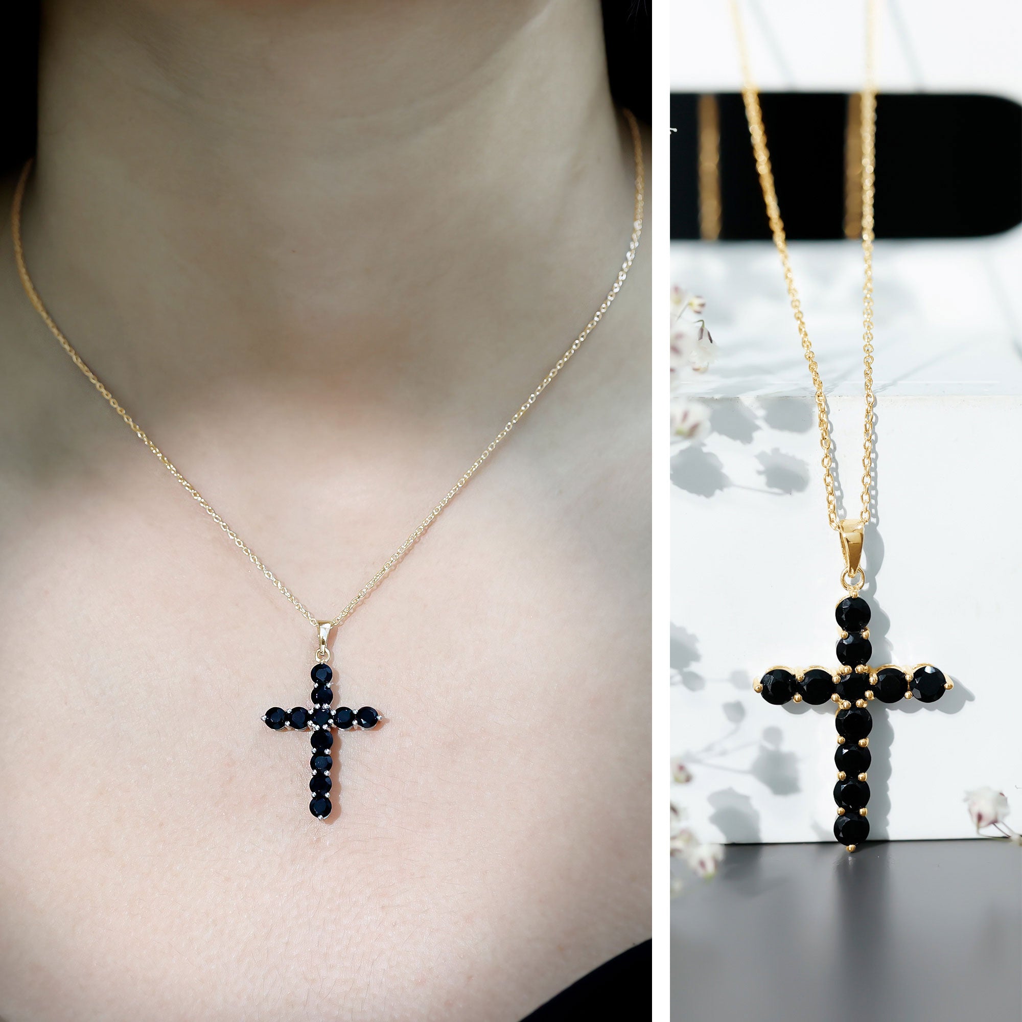 Natural Black Onyx Cross Pendant Necklace for Women