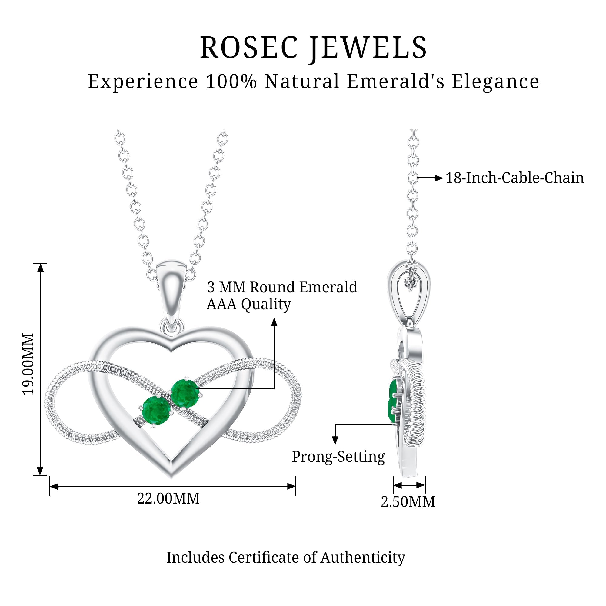 Heart Infinity Necklace with Real Emerald