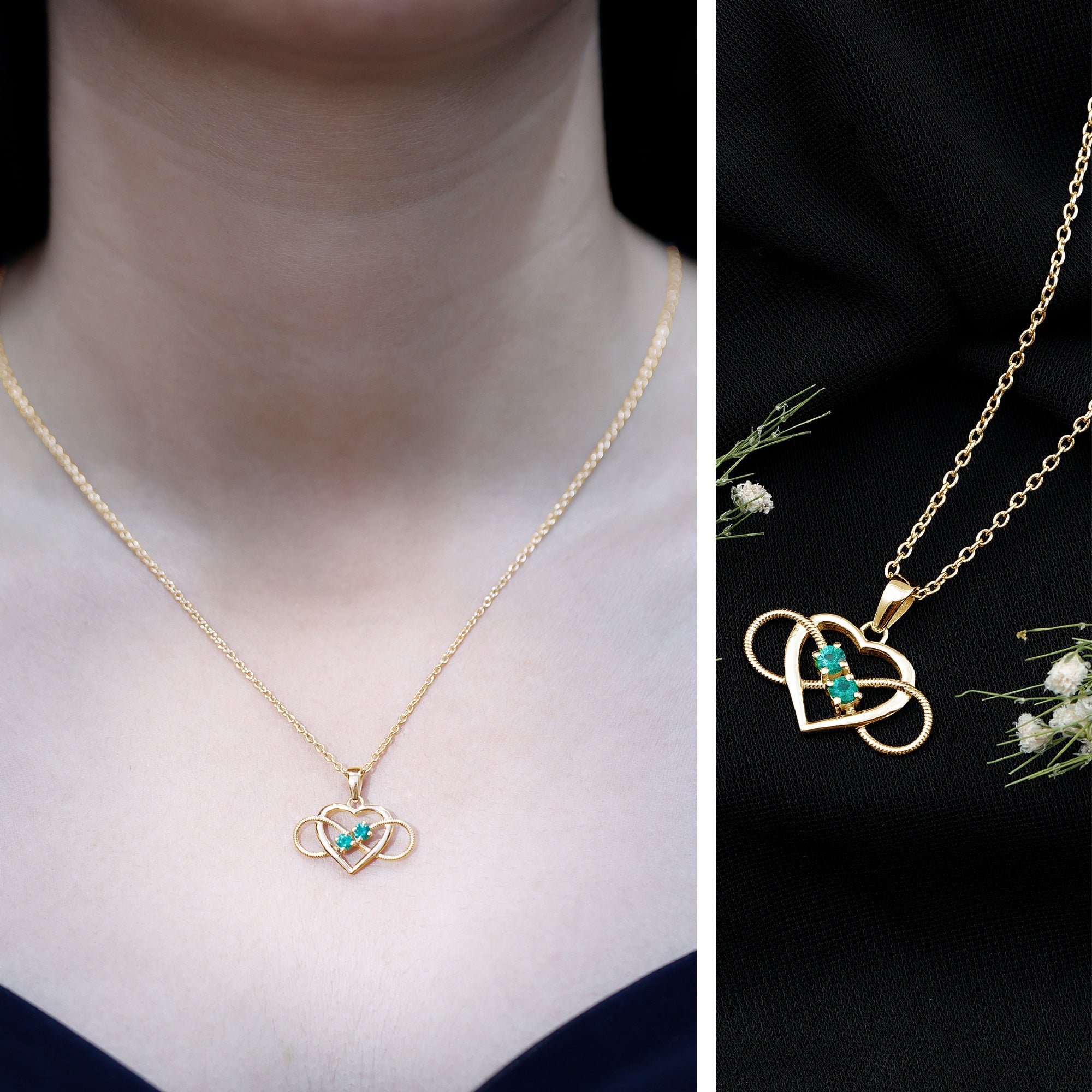 Heart Infinity Necklace with Real Emerald