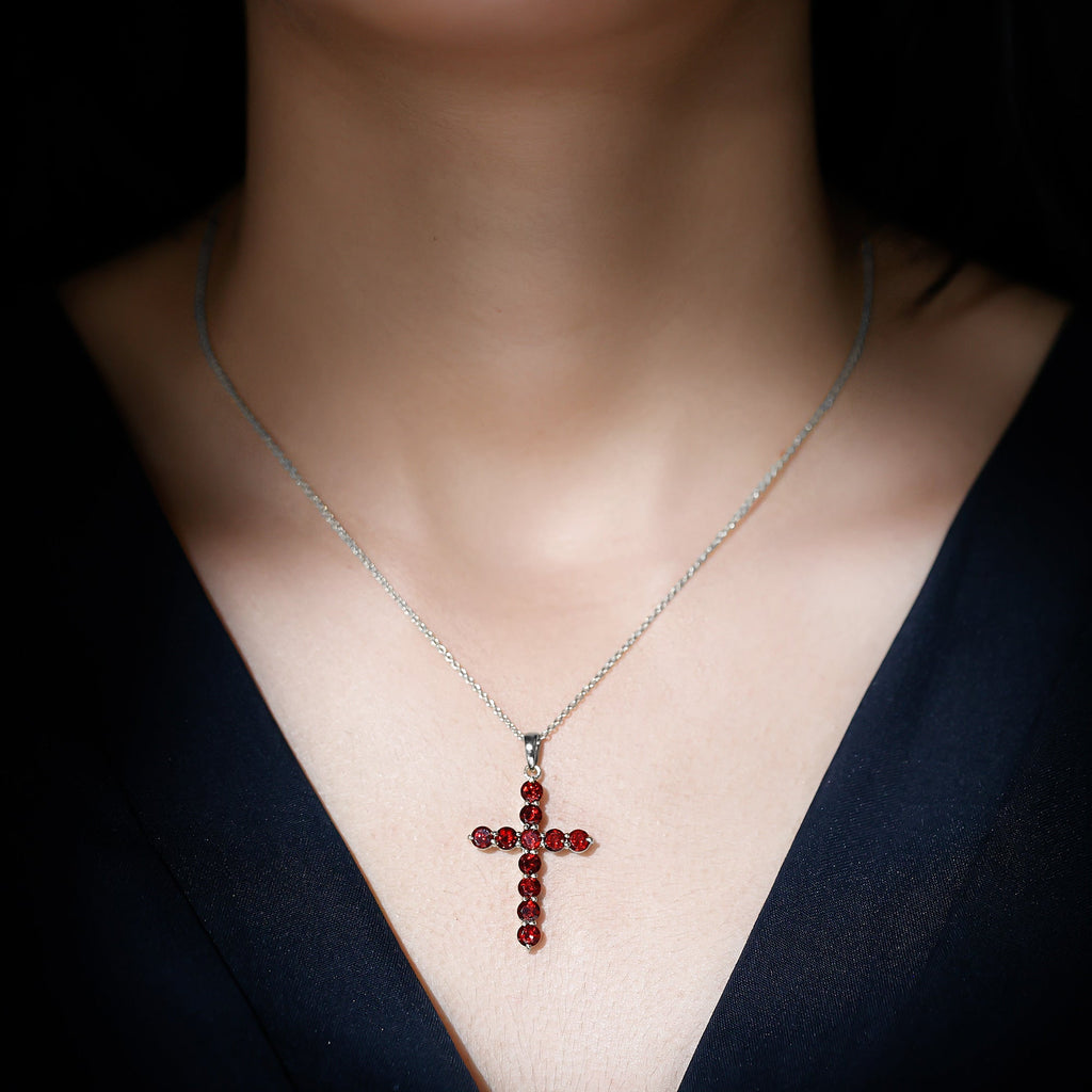 Genuine Garnet Cross Pendant Necklace